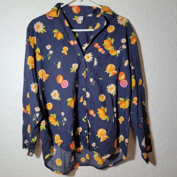 Old Navy Only Cotton Blue Orange Fruit Button Down Long Sleeve PJ Shirt S OFMD - Picture 2 of 7